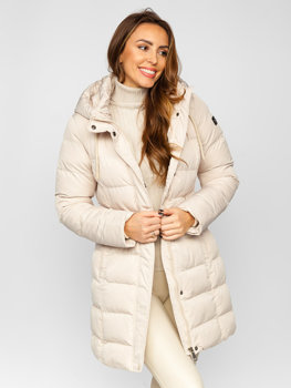 Béžová dámská prodloužená prošívaná zimní bunda s kapucí kabát Bolf 7086