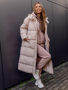 Béžová dámská prodloužená prošívaná zimní bunda s kapucí kabát Bolf R6702A