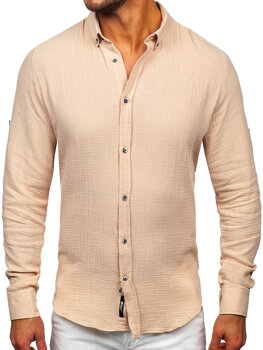 Béžová pánská bavlněná košile s dlouhým rukávem Bolf 22746