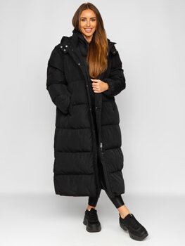 Černá dámská prodloužená prošívaná zimní bunda s kapucí kabát Bolf R6702