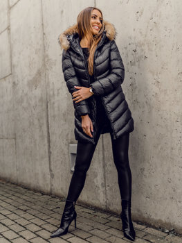 Černá dámská prodloužená prošívaná zimní bunda s kapucí kabát s přírodní kožešinou Bolf M688