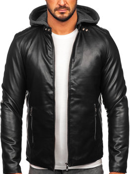 Černá pánská koženková bunda s kapucí Bolf 11Z8012