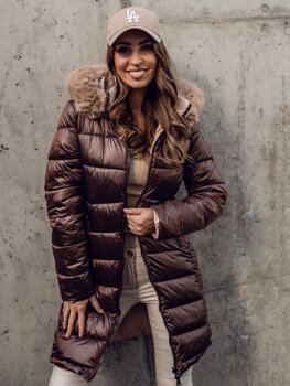 Hnědá dámská oboustranná dlouhá prošívaná zimní bunda kabát s kapucí Bolf B8202A