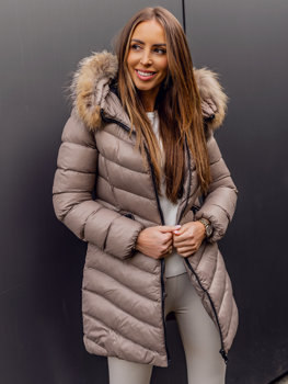 Hnědá dámská prodloužená prošívaná zimní bunda s kapucí kabát s přírodní kožešinou Bolf M688