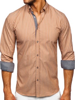 Hnědá pánská pruhovaná košile s dlouhým rukávem Bolf 20731-1