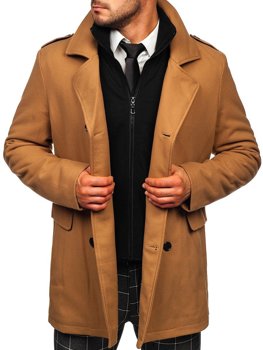 Kamelový pánský dvouřadový kabát s odepínacím límcem Bolf 8805