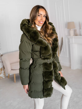 Khaki dámská prodloužená prošívaná zimní bunda s kapucí kabát Bolf 5M3158