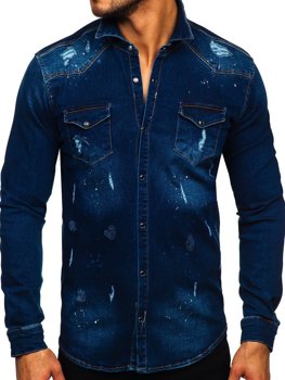 Tmavě modrá pánská džínová košile s dlouhým rukávem Bolf R801