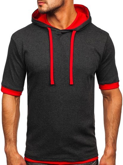 Antracitovo-červené pánské bavlněné tričko bez potisku s kapucí Bolf 08-1