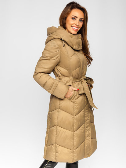 Béžová dámská dlouhá prošívaná zimní bunda s kapucí Bolf P6611