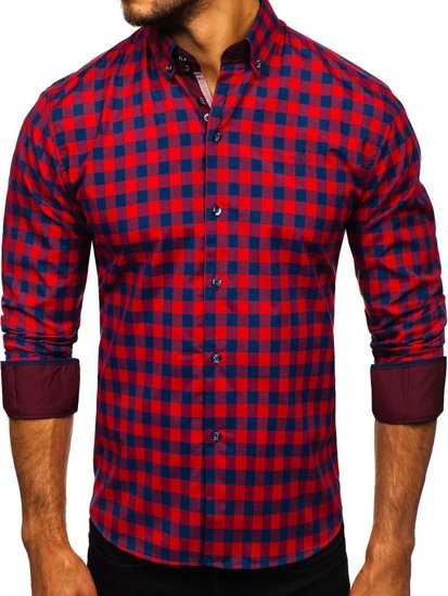 Červená pánská kostkovaná košile s dlouhým rukávem Bolf 4701