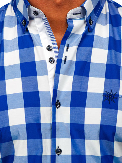 Královsky modrá pánská kostkovaná košile s kratkým rukávem Bolf 4508