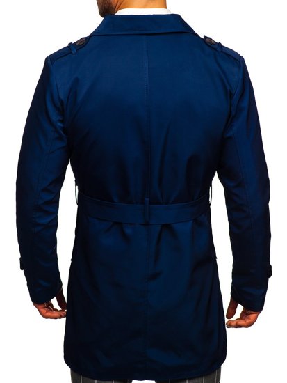 Modrý pánský dvouřadový kabát s vysokým límcem a páskem Bolf 0001