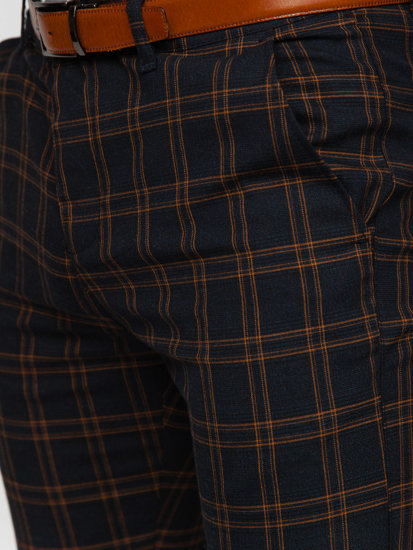 Tmavě modré pánské textilní karované chino kalhoty Bolf 0049