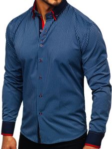 Tmavě modrá pánská proužkovaná košile s dlouhým rukávem Bolf 2751